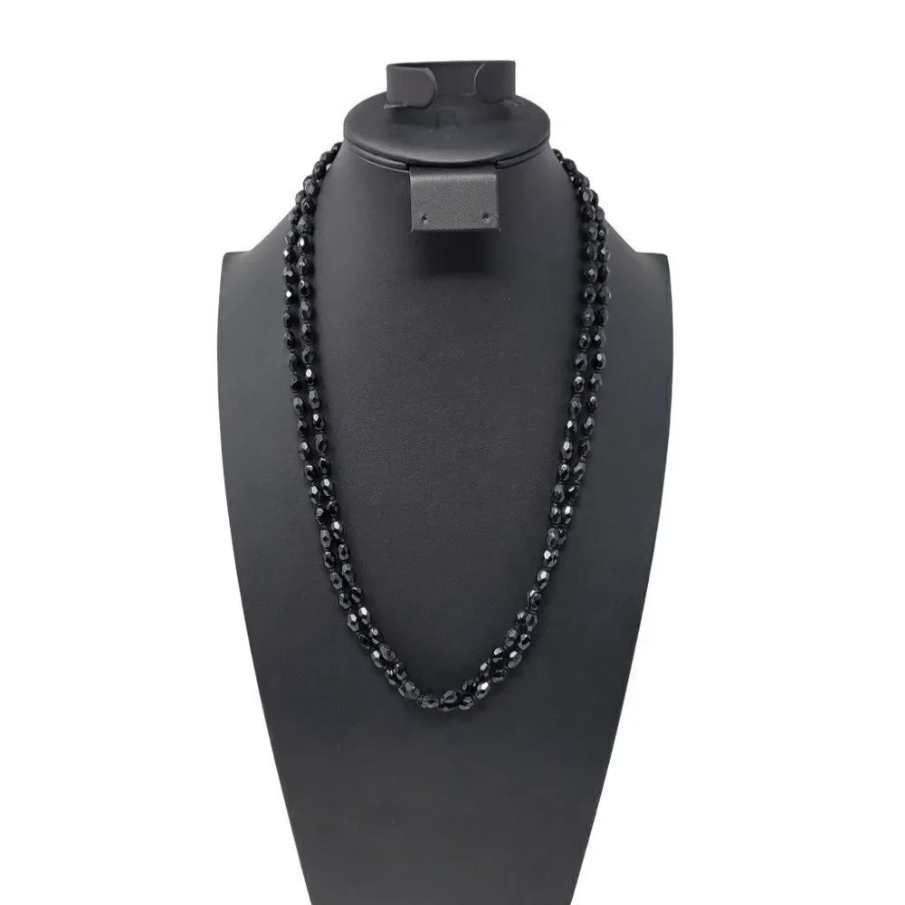 Vintage Signed Austrian Black Glass Beaded Flapper‎ Necklace Oblong Bicone Long